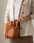 Bucket leather crossbody bag | Drawstring full grain leather shoulder bag with card holder pouch