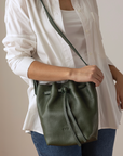 Bucket leather crossbody bag | Drawstring full grain leather shoulder bag with card holder pouch