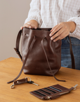 Bucket leather crossbody bag | Drawstring full grain leather shoulder bag with card holder pouch