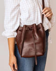 Bucket leather crossbody bag | Drawstring full grain leather shoulder bag with card holder pouch