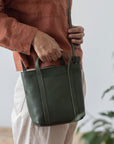 Full grain leather mini tote bag. Vegetable tanned leather shoulder bag. Leather green purse.