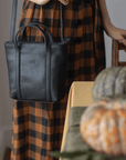 Full grain leather mini tote bag. Vegetable tanned leather shoulder bag. Leather black purse.