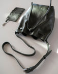 Bucket leather crossbody bag | Drawstring full grain leather shoulder bag with card holder pouch