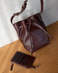 Burgundy brown Bucket leather crossbody bag | Drawstring full grain leather shoulder bag with card holder pouch