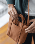 Full grain leather mini tote bag. Vegetable tanned leather shoulder bag. Leather caramel purse.