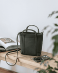 Full grain leather mini tote bag. Vegetable tanned leather shoulder bag. Leather green purse.