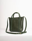 Full grain leather mini tote bag. Vegetable tanned leather shoulder bag. Leather green purse.