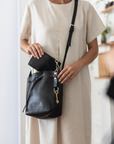 Bucket leather crossbody bag | Drawstring full grain leather shoulder bag with card holder pouch