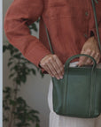 Full grain leather mini tote bag. Vegetable tanned leather shoulder bag. Leather green purse.