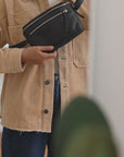 Leather fanny pack. Convertible leather fanny pack. Shoulder bag. Crossbody bag. Full grain leather belt bag. Black vegetable tanned leather.