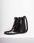 Black bucket leather crossbody bag | Drawstring full grain leather shoulder bag with card holder pouch