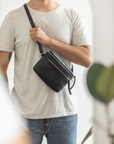 Leather fanny pack. Convertible leather fanny pack. Shoulder bag. Crossbody bag. Full grain leather belt bag. Black vegetable tanned leather.