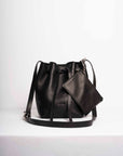 Bucket leather crossbody bag | Drawstring full grain leather shoulder bag with card holder pouch