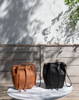 Bucket leather crossbody bag | Drawstring full grain leather shoulder bag with card holder pouch