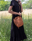 Bucket leather crossbody bag | Drawstring full grain leather shoulder bag with card holder pouch