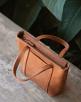Full grain leather mini tote bag. Vegetable tanned leather shoulder bag. Leather caramel purse.