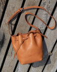 Bucket leather crossbody bag | Drawstring full grain leather shoulder bag with card holder pouch