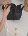 Bucket leather crossbody bag | Drawstring full grain leather shoulder bag with card holder pouch