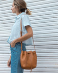 Bucket leather crossbody bag | Drawstring full grain leather shoulder bag with card holder pouch