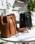 Bucket leather crossbody bag | Drawstring full grain leather shoulder bag with card holder pouch