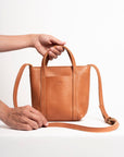 Full grain leather mini tote bag. Vegetable tanned leather shoulder bag. Leather caramel purse.