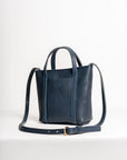 Full grain leather mini tote bag. Vegetable tanned leather shoulder bag. Leather blue purse.