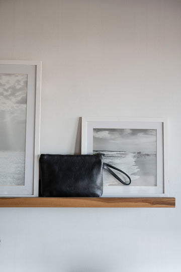 Black minimalist Wrist bag | Clutch Leather Bag | Full grain leather handbag