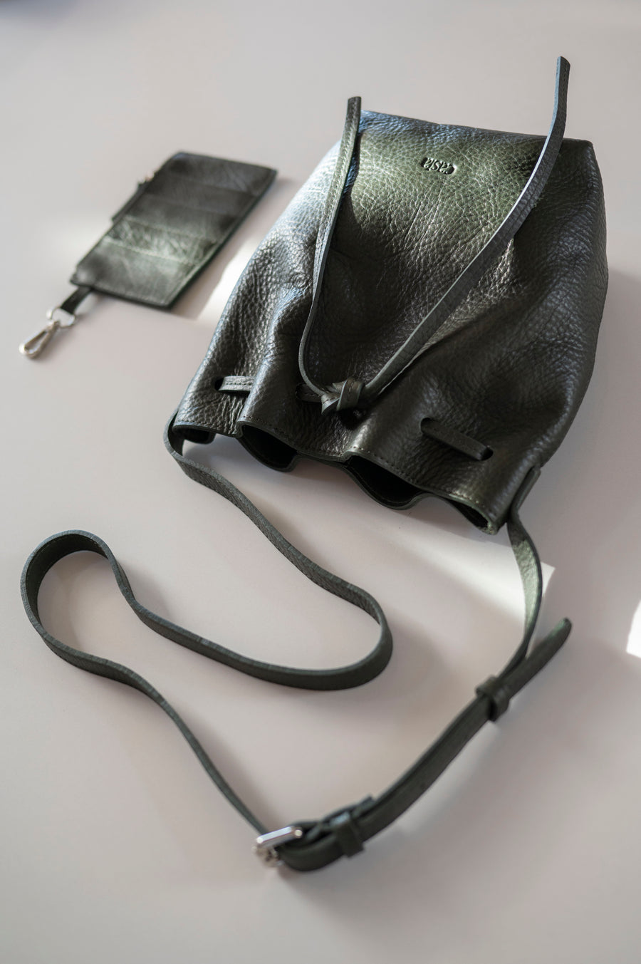 Bucket leather crossbody bag | Drawstring full grain leather shoulder bag with card holder pouch
