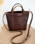 Full grain leather mini tote bag. Vegetable tanned leather shoulder bag. Leather brown purse.