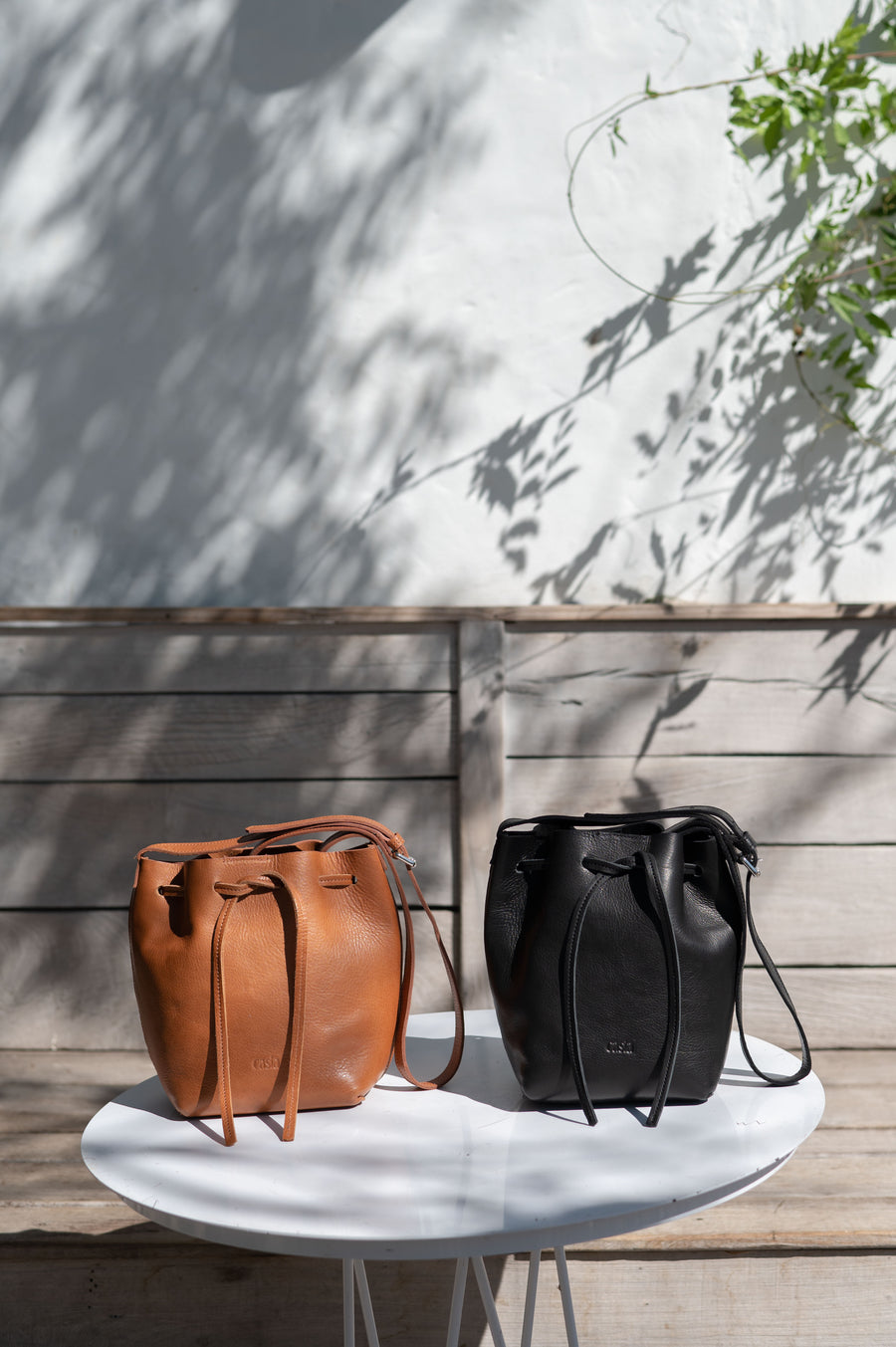 Bucket leather crossbody bag | Drawstring full grain leather shoulder bag with card holder pouch