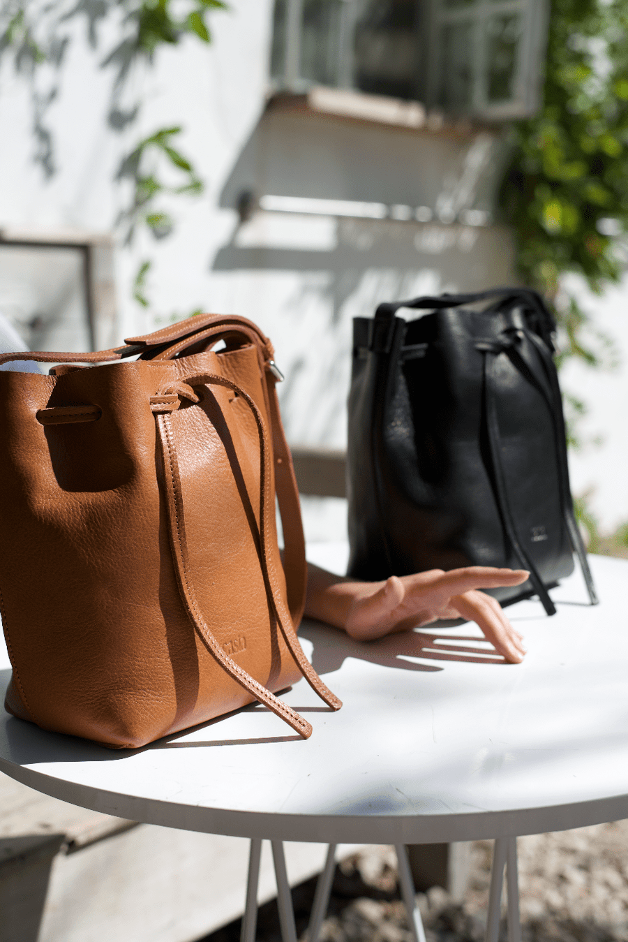 Bucket leather crossbody bag | Drawstring full grain leather shoulder bag with card holder pouch